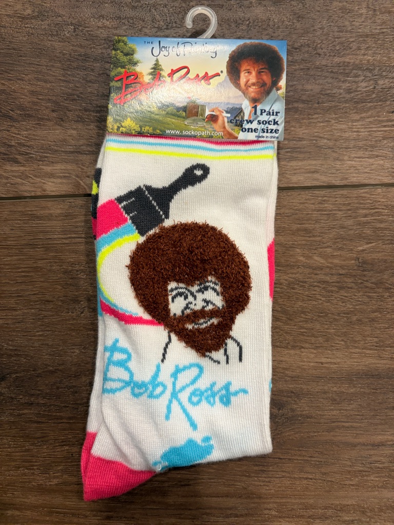 Bob Ross Men's Crew Socks - White With Pink & Blue Accents
